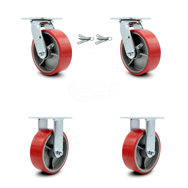 6 Inch Red Poly on Steel Caster Set with Roller Bearings 2 Swivel Lock 2 Rigid